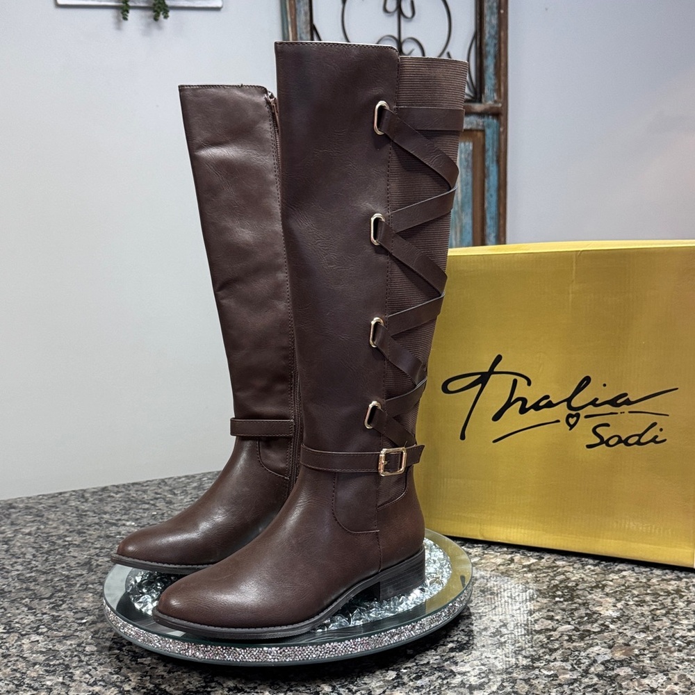 Thalia Sodi Veronica Dark Brown Heeled Boots Riding Boots NWT 7 - Picture 6 of 15